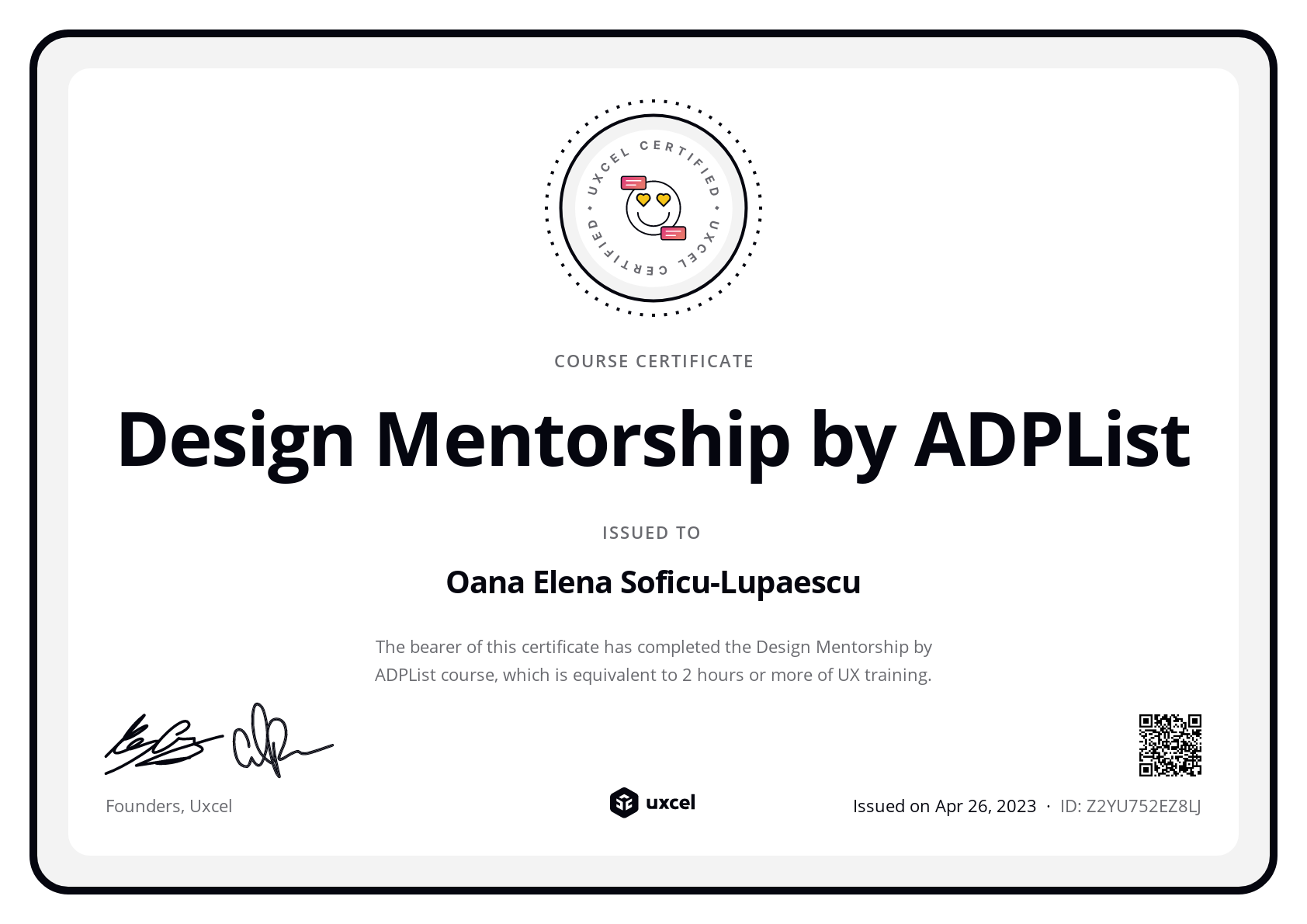 Oana Elena Soficu-Lupaescu's certificate